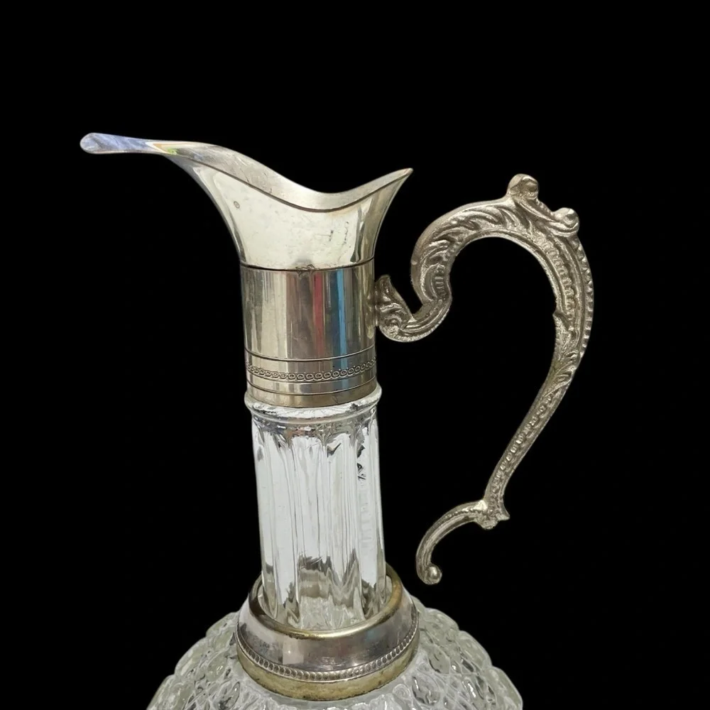 Pressed Glass Claret Jug Pitcher Decanter with Silver Plated Collar & Handle